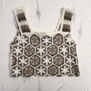 Rebellion by Jordan Crochet Knit Tank Top Boho‎ Floral Brown Cream Women's M